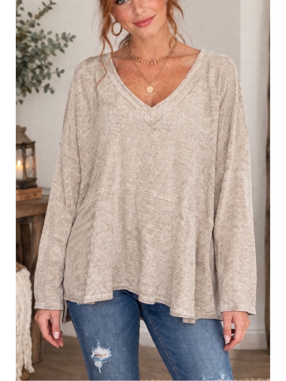 Blumin Apparel Taupe V-Neck Long Sleeve Top, size 2x